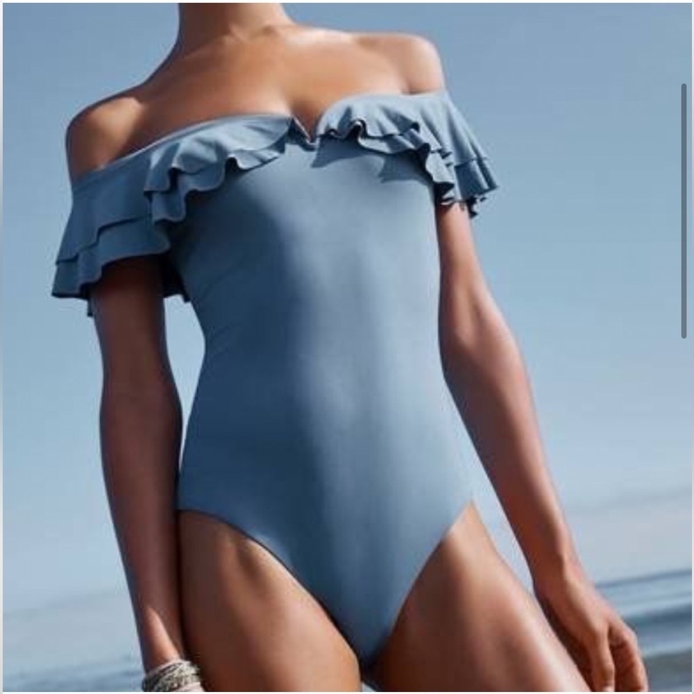 Becca Color Splash Off-The-Shoulder Ruffle backless blue One piece swimsuit L